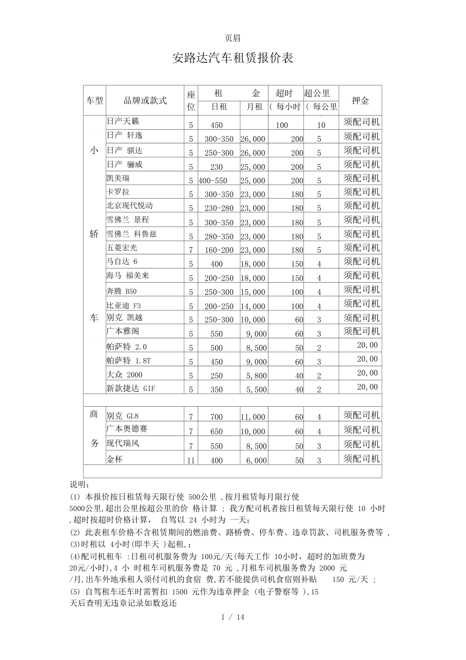 汽车租赁价格明细表_电动汽车租赁价格明细表